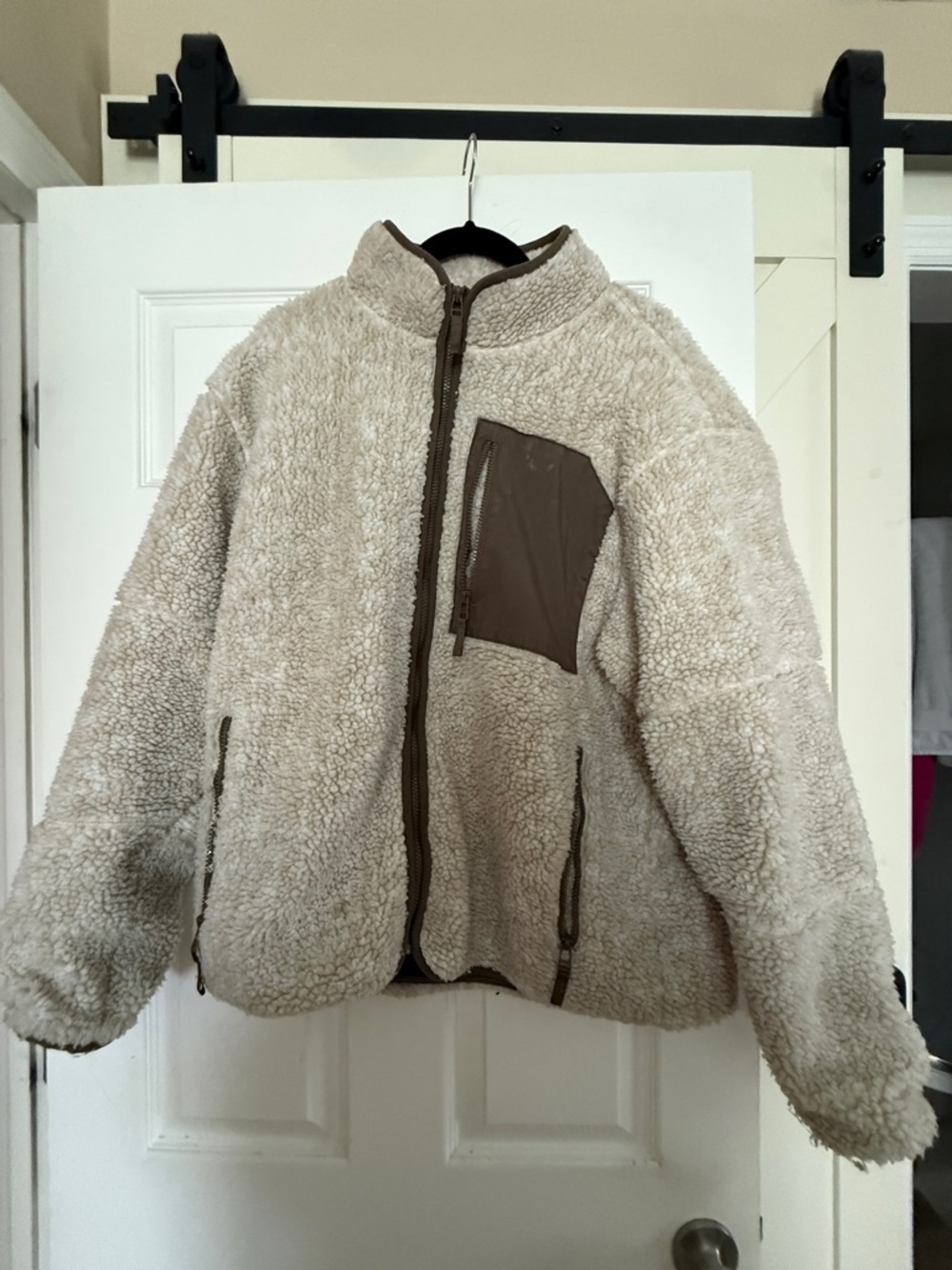 American Eagle Beige Sherpa Jacket with Brown Trim